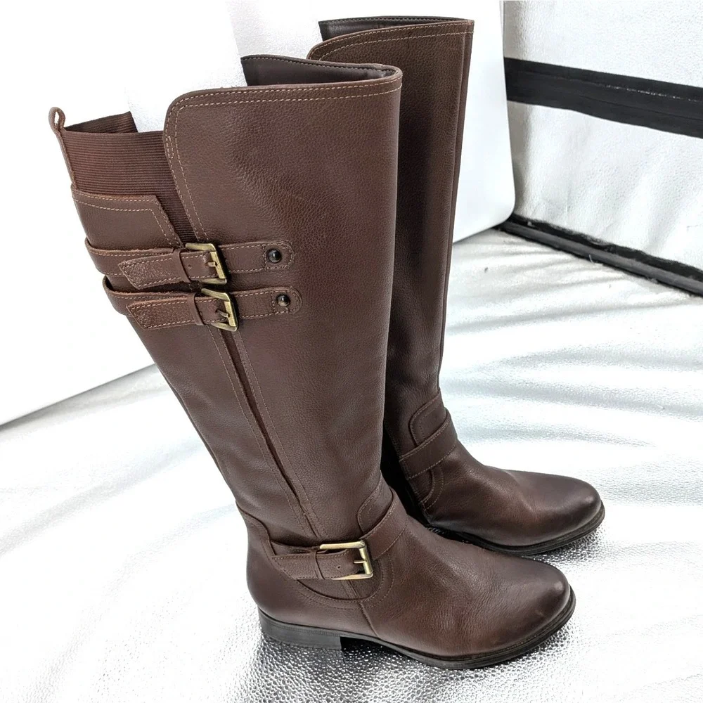 Naturalizer Jessie Tall Boots Brown Leather Riding Comfort Side Zip Size 6W